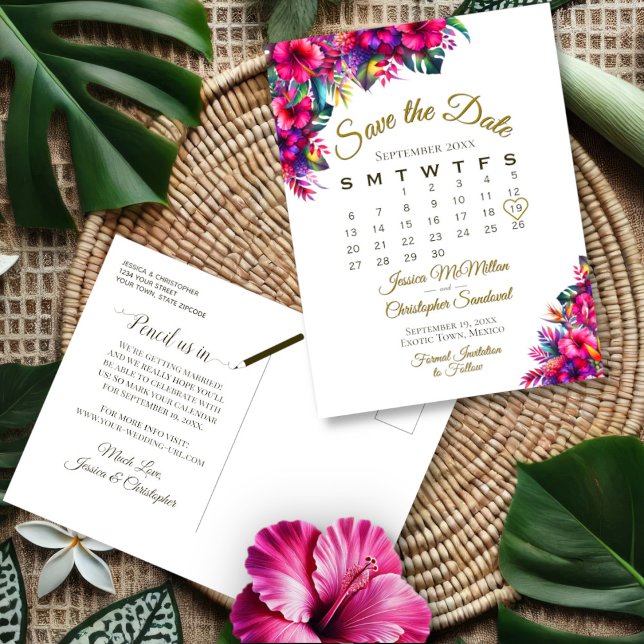 Tropical Garden Wedding Save the Date Calendar Announcement Postcard (Front/Back)