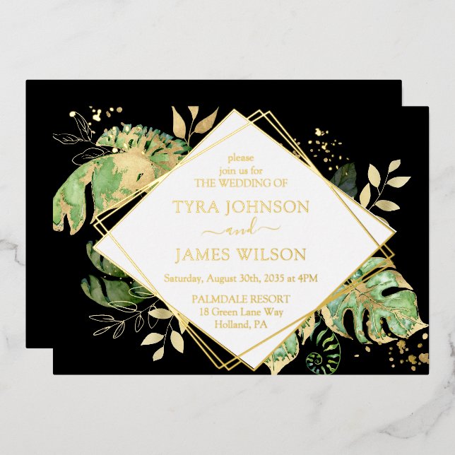 Tropical Geometric Black & Gold Foil Wedding (Front/Back)