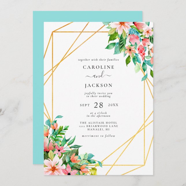 Tropical Geometric Floral Wedding Invitation (Front/Back)