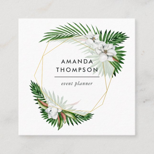Tropical Geometric Greenery Foliage Square Business Card (Front)