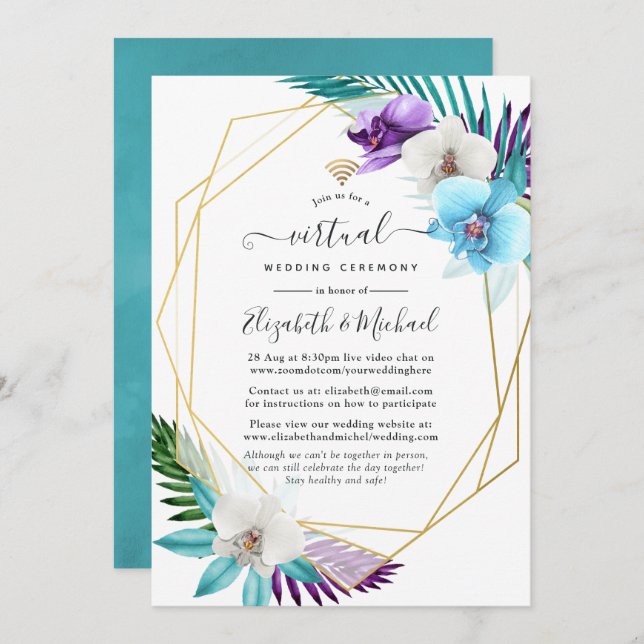 Tropical Geometric Online Virtual Wedding Invitation (Front/Back)