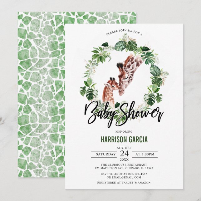 Tropical Giraffe and Baby Jungle Baby Shower Invitation (Front/Back)