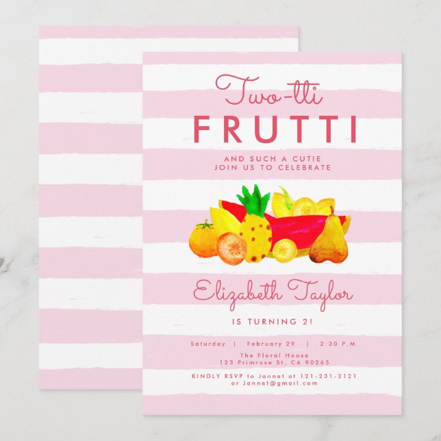 Tropical Girl 2nd Birthday Two Pink Twotti Frutti Invitation (Front/Back)