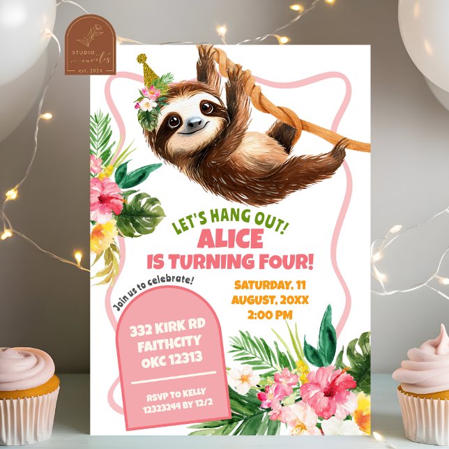 Tropical Girl pink Sloth Birthday Invitation (Creator Uploaded)
