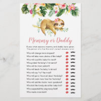 Tropical Girl Sloth Baby Shower Mummy or Daddy