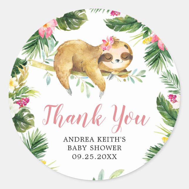Tropical Girl Sloth Baby Shower Thank You Sticker (Front)