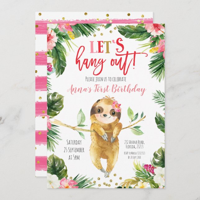 Tropical Girl Sloth Birthday Invitation (Front/Back)