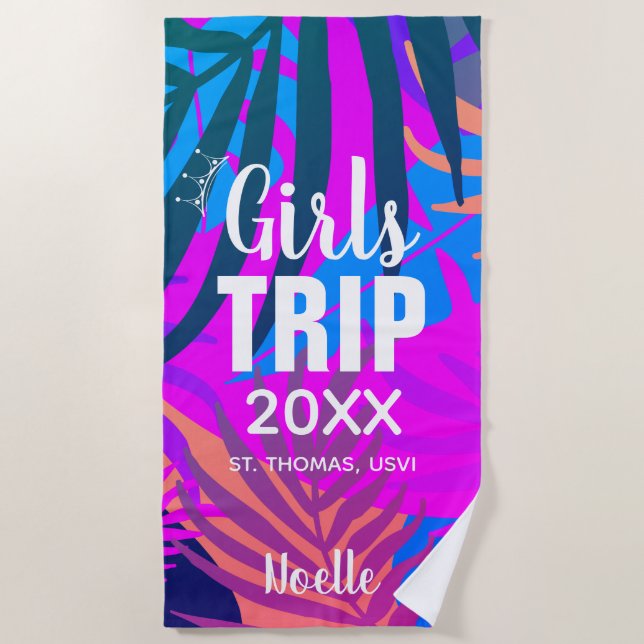 Tropical Girls Trip with Crown, Year, and Name Beach Towel (Front)