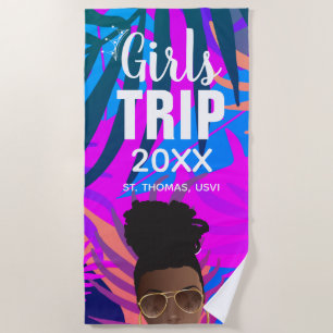 Tropical Girls Trip, Year, Name, Black Woman Beach Towel