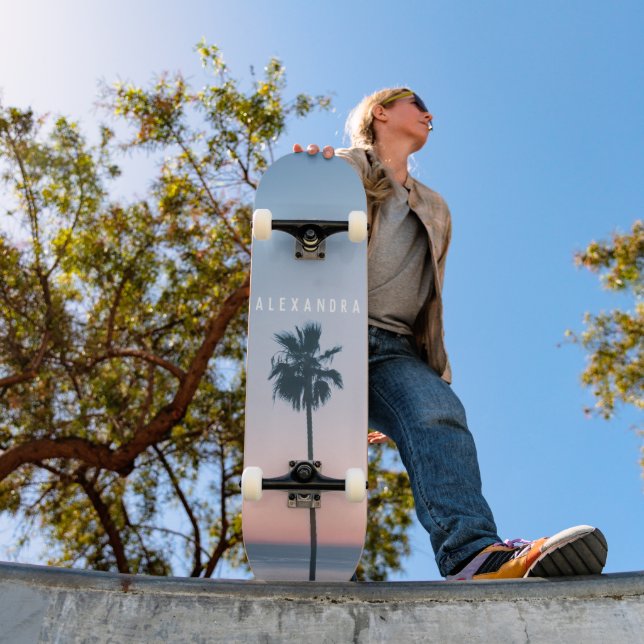 Tropical Girly Name Pink Blue Palm Tree Sunset Skateboard (Outdoor 1)