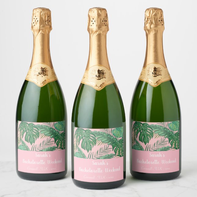 Tropical Girly Pink Bachelorette Weekend Party Sparkling Wine Label (Bottles)
