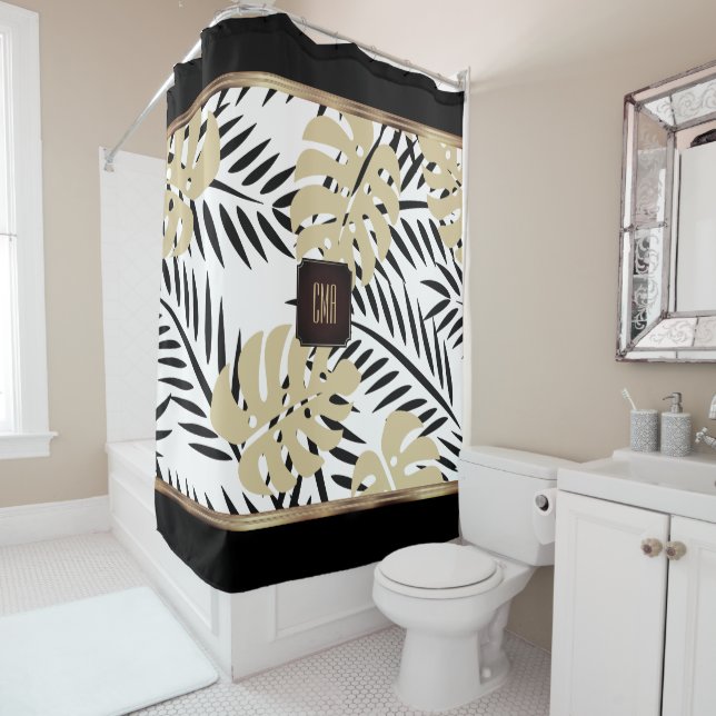 Tropical Gold and Black Palm Leaf Design Shower Curtain (In Situ)