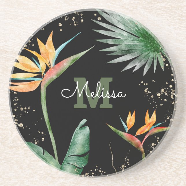 Tropical Gold Black Floral Foliage Monogram Script Coaster (Front)