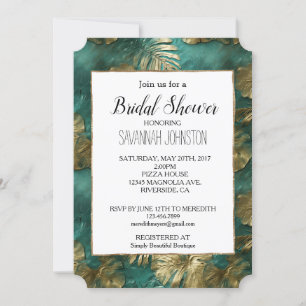 Tropical Gold Emerald Green Leaves Bridal Shower Invitation