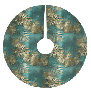 Tropical Gold Emerald Green Leaves Brushed Polyester Tree Skirt