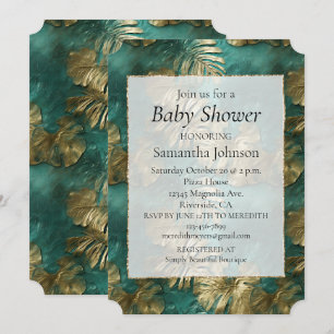 Tropical Gold Emerald Green Leaves Invitation