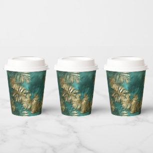Tropical Gold Emerald Green Leaves Paper Cups
