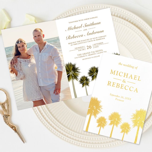 Tropical Gold Foil Palm Trees Wedding Invitation (Creator Uploaded)