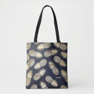 Tropical Gold Foil Pineapple Pattern Blue Monogram Tote Bag