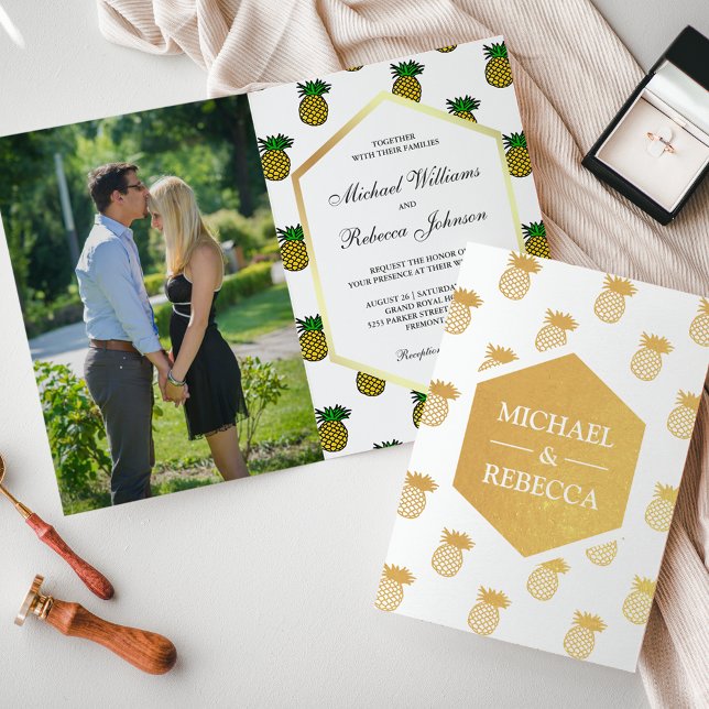 Tropical Gold Foil Pineapples Wedding Invitation (Creator Uploaded)