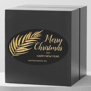 Tropical Gold Glitter Palm Christmas Thank You Oval Sticker