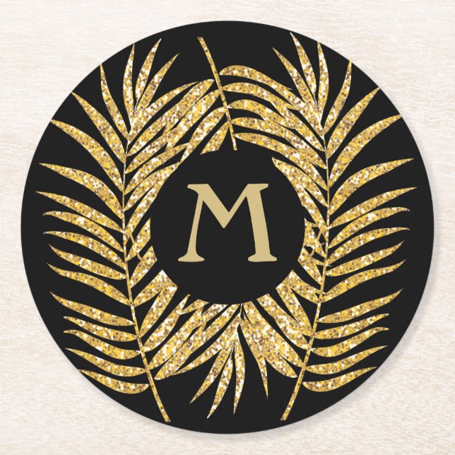 Tropical Gold Glitter Palm Tree Fronds Home Decor Round Paper Coaster (Front)