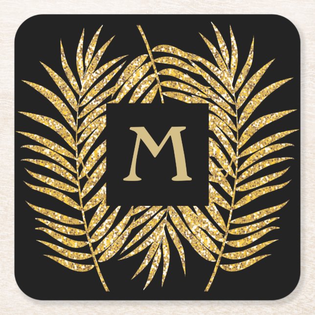 Tropical Gold Glitter Palm Tree Fronds Home Decor Square Paper Coaster (Front)