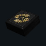 Tropical Gold Glitter Palm Tree Fronds on Black Gift Box<br><div class="desc">Felt lined ebony black lacquered wood jewellery box features a stylish, elegant faux gold glitter tropical palm tree fronds on a black background with a gold monogram initial printed on ceramic tile on the lid. Adds a beautiful touch to your home decor or give as a gift. COORDINATING items in...</div>