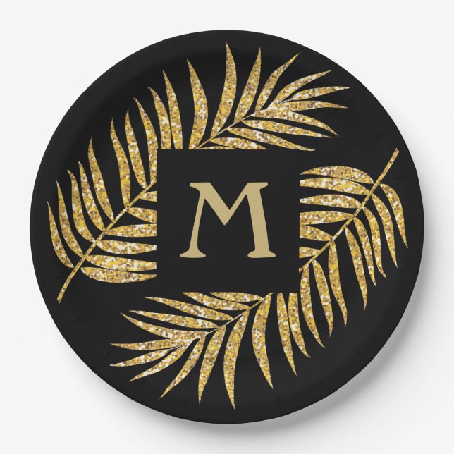 Tropical Gold Glitter Palm Tree Fronds on Black Paper Plate (Front)