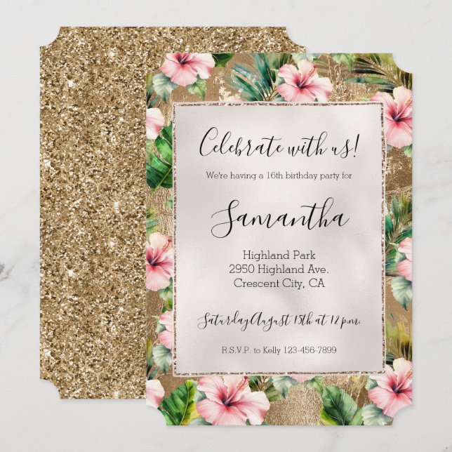 Tropical Gold Glitz Pink Hibiscus Floral Invitation (Front/Back)