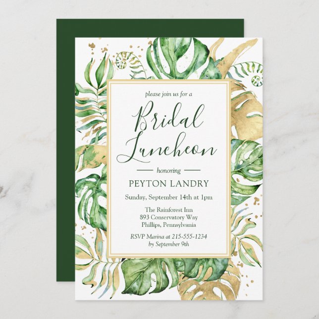 Tropical Gold & Green Bridal Luncheon Shower Invitation (Front/Back)