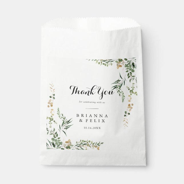Tropical Gold Green Foliage Thank You Wedding  Favour Bags (Front)