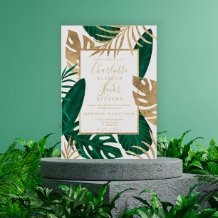 Tropical gold green leaf watercolor script wedding invitation
