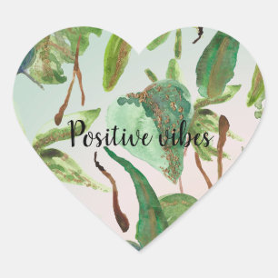 Tropical Gold Green Leaves Heart Sticker