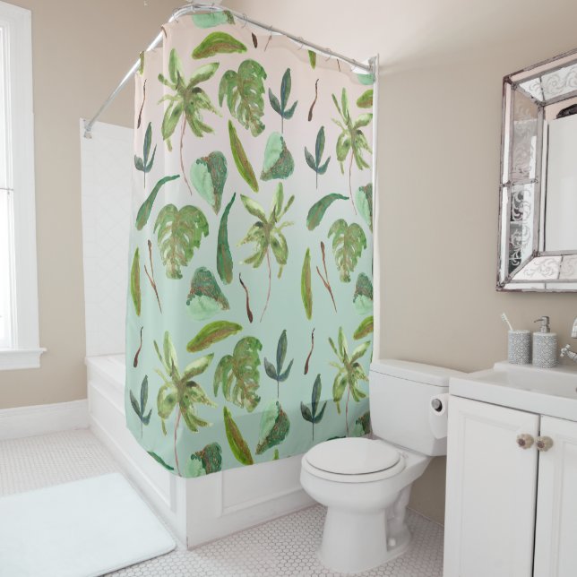 Tropical Gold Green Leaves Shower Curtain (In Situ)