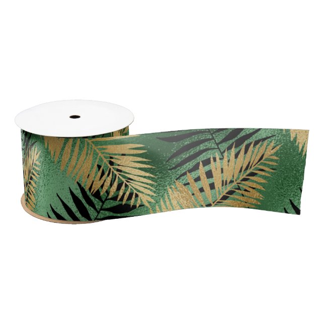 Tropical Gold Green Palm Leaves Satin Ribbon (Spool)