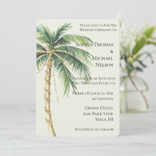 Tropical Gold Green Palm Tree Wedding Invitation