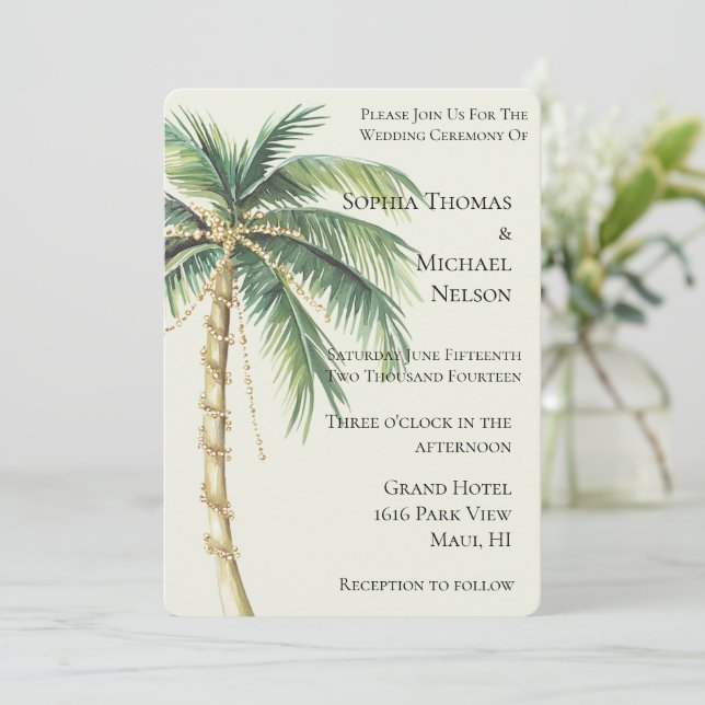 Tropical Gold Green Palm Tree Wedding Invitation (Standing Front)