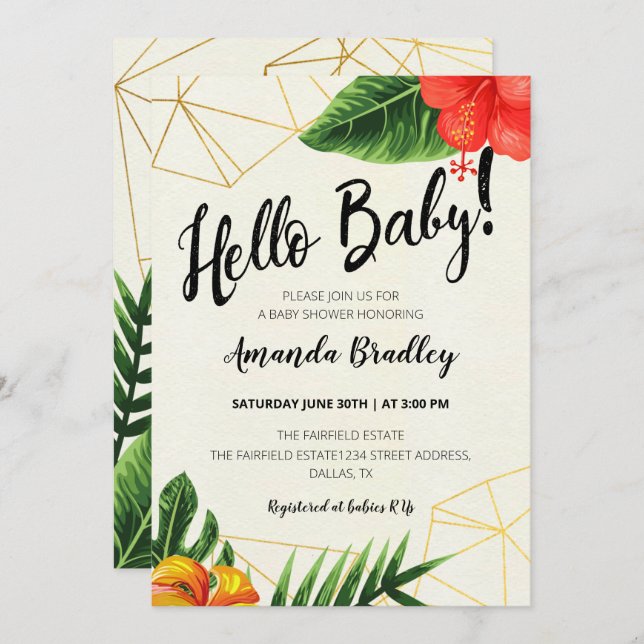 Tropical Gold Hello Baby Shower Invitation (Front/Back)