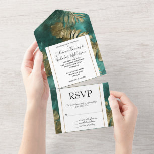 Tropical Gold Leaves Emerald Green   All In One Invitation