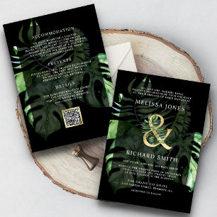 Tropical Gold Monstera Black QR Code Wedding Invitation