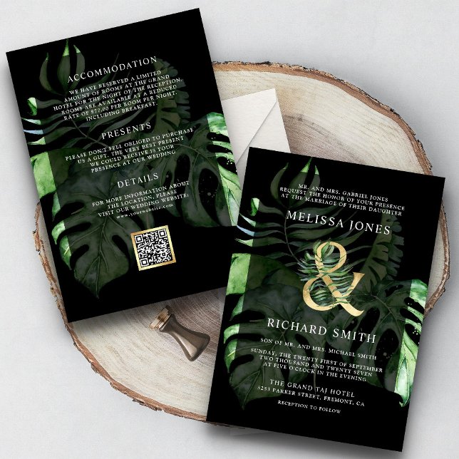 Tropical Gold Monstera Black QR Code Wedding Invitation (Creator Uploaded)