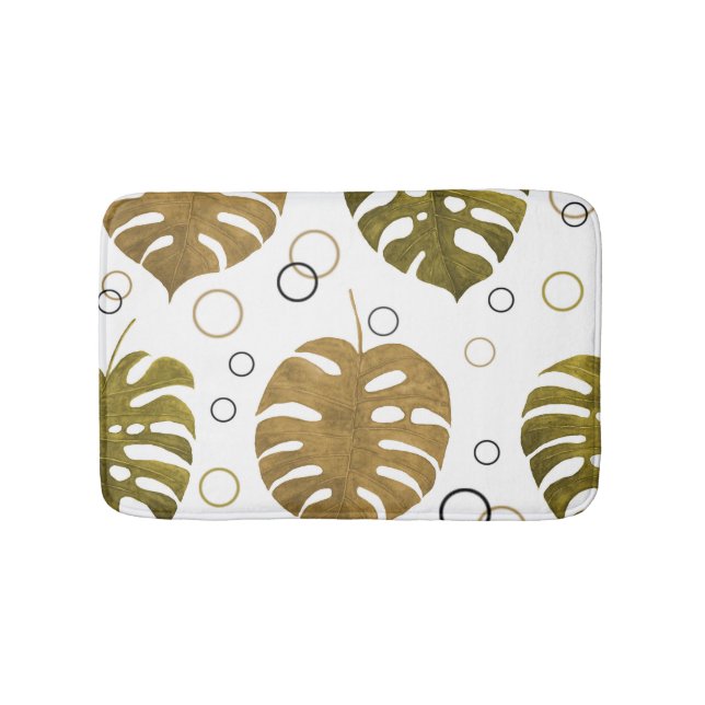 Tropical Gold: Monstera Leaf Watercolor Bath Mat (Front)
