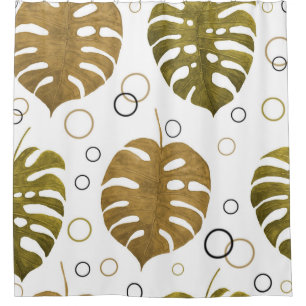 Tropical Gold: Monstera Leaf Watercolor Shower Curtain