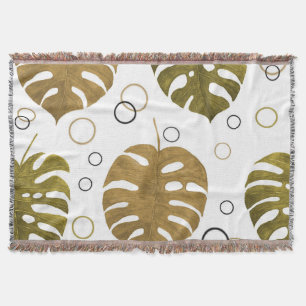 Tropical Gold: Monstera Leaf Watercolor Throw Blanket