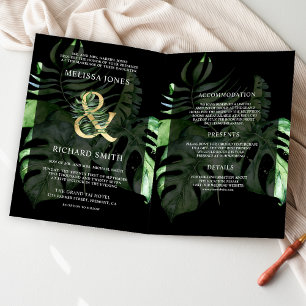 Tropical Gold Monstera Palm Black QR Code Wedding Invitation