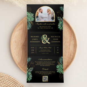 Tropical Gold Monstera Palm Black QR Code Wedding Tri-Fold Invitation