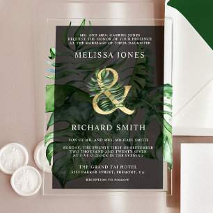 Tropical Gold Monstera Palm Black Wedding  Acrylic Invitations