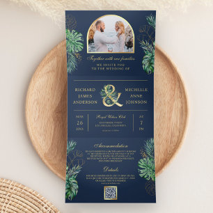 Tropical Gold Monstera Palm Navy QR Code Wedding Tri-Fold Invitation