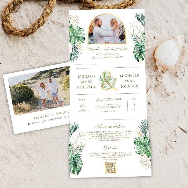 Tropical Gold Monstera Palm Photo QR Code Wedding Tri-Fold Invitation (Creator Uploaded)